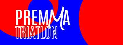 rood met blauwe banner met tekst premma triatlon