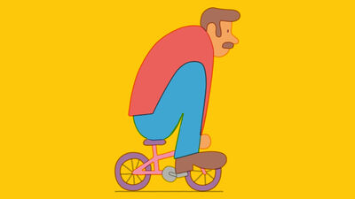Een cartoon van een man die op een kleine fiets zit, met een gele achtergrond.