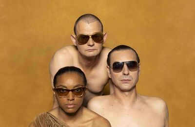 Drie performers met grote zonnebrillen poseren dicht bij elkaar, deels ontkleed, tegen een okergele achtergrond; het is een campagnebeeld voor de voorstelling This Will Not End Well van Het Zuidelijk Toneel.