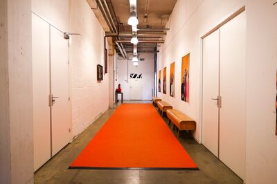 Een lange gang met een oranje tapijt, aan weerszijden witte deuren en kunstwerken aan de muren.