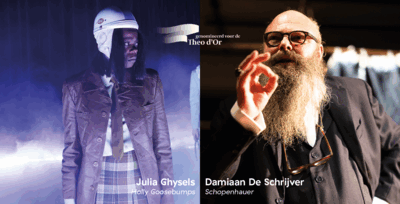 Collage van twee scènes uit theatervoorstellingen. Links staat performer Julia Ghysels in een rok en leren jas, met een witte helm op, omgeven door rook en koel blauw licht. Rechts is performer Damian De Schrijver met een lange baard en bril te zien, die een handgebaar maakt terwijl hij in warm licht staat. In het midden staat de tekst dat beiden genomineerd zijn voor de Theo d’Or.