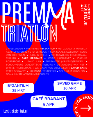 Poster met meer informatie over de premiere timetable in rood en blauwe kleuren