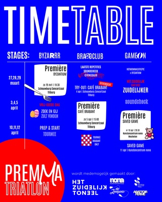 Timetable van het premiere overzicht in rood en blauwe kleuren.